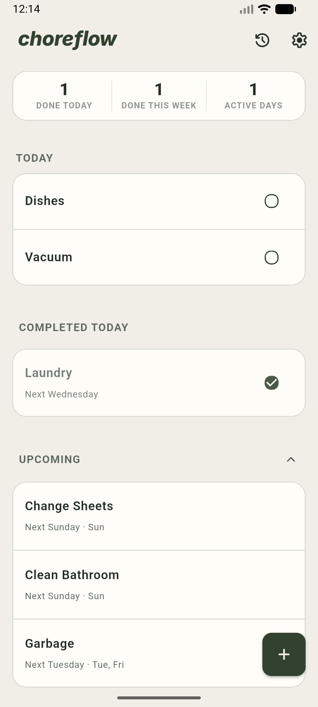 Choreflow home screen showing today's chores, completed chores, and upcoming routines